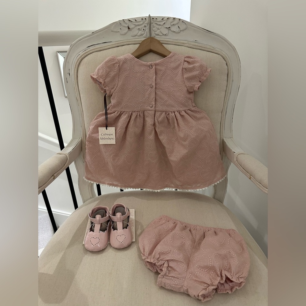 🦢 24 Mth Dusty Rose Embroidered Heart Baby Dress with White Trim 3 Piece Set NWT - Picture 2 of 13